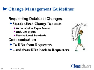 Change Management Guidelines
     Requesting Database Changes
      Standardized Change Requests
             Automated or Paper Forms
             DBA Checklists
             Service Level Standards
     Communication
      To DBA from Requesters
      ...and from DBA back to Requesters




28    Craig S. Mullins, 2004
 