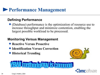 Performance Management
     Defining Performance
       (Database) performance is the optimization of resource use to
        increase throughput and minimize contention, enabling the
        largest possible workload to be processed.

     Monitoring Versus Management
      Reactive Versus Proactive
      Identification Versus Correction
      Historical Trending




34      Craig S. Mullins, 2004
 
