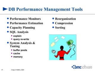 DB Performance Management Tools
      Performance Monitors        Reorganization
      Performance Estimation      Compression
      Capacity Planning           Sorting
      SQL Analysis
            explain
            query re-write
        System Analysis &
         Tuning
            buffer pools
            cache
            memory




37       Craig S. Mullins, 2004
 