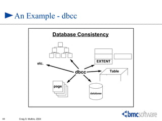 An Example - dbcc

                               Database Consistency



                                                  EXTENT
                        etc.

                                       dbcc              Table



                               page
                                              database




44    Craig S. Mullins, 2004
 