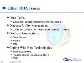 Other DBA Issues

      DBA          Tools
          Evaluation, budget, installation, training, usage...
      Database                 Utility Management
          LOAD, UNLOAD, COPY, RECOVER, REORG, CHECK
      Database                 Connectivity
          Client/Server
          Internet
          XML
      Coping             With New Technologies
          Internet/Java/XML
          Triggers, Stored Procedures, UDFs
          PDAs
58     Craig S. Mullins, 2004
 