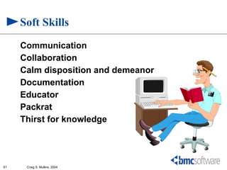 Soft Skills
     Communication
     Collaboration
     Calm disposition and demeanor
     Documentation
     Educator
     Packrat
     Thirst for knowledge




61    Craig S. Mullins, 2004
 