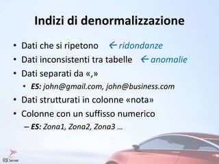 Indizi di denormalizzazione
• Dati che si ripetono  ridondanze
• Dati inconsistenti tra tabelle  anomalie
• Dati separati da «,»
• ES: john@gmail.com, john@business.com
• Dati strutturati in colonne «nota»
• Colonne con un suffisso numerico
– ES: Zona1, Zona2, Zona3 …
 