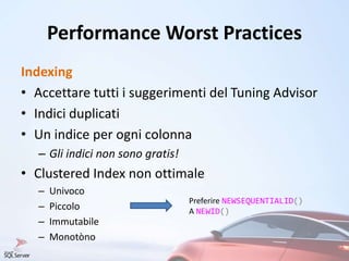 Performance Worst Practices
Indexing
• Accettare tutti i suggerimenti del Tuning Advisor
• Indici duplicati
• Un indice per ogni colonna
– Gli indici non sono gratis!
• Clustered Index non ottimale
– Univoco
– Piccolo
– Immutabile
– Monotòno
Preferire NEWSEQUENTIALID()
A NEWID()
 