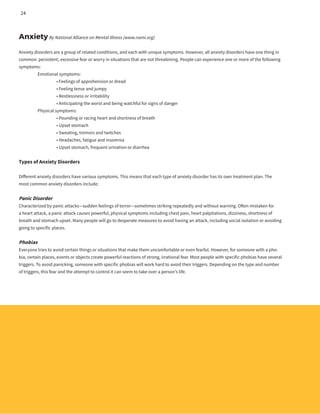 AnxietyBy National Alliance on Mental Illness (www.nami.org)
Anxiety disorders are a group of related conditions, and each with unique symptoms. However, all anxiety disorders have one thing in
common: persistent, excessive fear or worry in situations that are not threatening. People can experience one or more of the following
symptoms:
	 Emotional symptoms:
		 • Feelings of apprehension or dread
		 • Feeling tense and jumpy
		 • Restlessness or irritability
		 • Anticipating the worst and being watchful for signs of danger
	 Physical symptoms:
		 • Pounding or racing heart and shortness of breath
		 • Upset stomach
		 • Sweating, tremors and twitches
		 • Headaches, fatigue and insomnia
		 • Upset stomach, frequent urination or diarrhea
Types of Anxiety Disorders
Different anxiety disorders have various symptoms. This means that each type of anxiety disorder has its own treatment plan. The
most common anxiety disorders include:
Panic Disorder
Characterized by panic attacks—sudden feelings of terror—sometimes striking repeatedly and without warning. Often mistaken for
a heart attack, a panic attack causes powerful, physical symptoms including chest pain, heart palpitations, dizziness, shortness of
breath and stomach upset. Many people will go to desperate measures to avoid having an attack, including social isolation or avoiding
going to specific places.
Phobias
Everyone tries to avoid certain things or situations that make them uncomfortable or even fearful. However, for someone with a pho-
bia, certain places, events or objects create powerful reactions of strong, irrational fear. Most people with specific phobias have several
triggers. To avoid panicking, someone with specific phobias will work hard to avoid their triggers. Depending on the type and number
of triggers, this fear and the attempt to control it can seem to take over a person’s life.
24
 