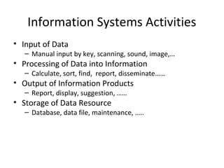 Information Systems Activities
• Input of Data
– Manual input by key, scanning, sound, image,…
• Processing of Data into Information
– Calculate, sort, find, report, disseminate……
• Output of Information Products
– Report, display, suggestion, ……
• Storage of Data Resource
– Database, data file, maintenance, …..
 