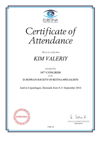 KIM VALERIY
held in Copenhagen, Denmark from 8-11 September 2016
CME 20
 