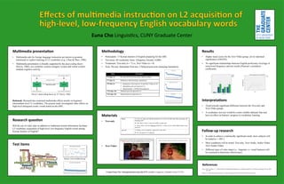 Mul$media	
  presenta$on	
  
•  Multimedia aids for foreign language instruction are known to promote
intentional or explicit learning of L2 vocabulary (e.g., Chun & Plass, 1996).
•  Multimedia presentation is broadly supported by the dual-coding theory
(Paivio, 1986): two symbolic systems (imagery system and verbal system)
mediate cognitive activity.
Rationale: Research has examined multimedia effects mostly on beginner/
intermediate level L2 vocabulary. The present study investigated video effects on
high-level infrequent words: words tested on the GRE.
	
Research	
  ques$on
Will the use of video clips in addition to traditional textual information facilitate
L2 vocabulary acquisition of high-level, low-frequency English words among
Korean learners of English?
Methodology
•  Participants: 15 Korean learners of English preparing for the GRE
•  Test items: 40 vocabulary items (frequency beyond 14,000)
•  Treatments: Text-only (n = 7) vs. Text+Video (n = 8)
•  Tests: Pre-test, Immediate Post-test, 2 Delayed post-tests (meaning translation)
Results	
  
•  Higher mean scores for the Text+Video group, yet no statistical
significance (ANOVA)
•  No significant relationships between English proficiency level/age of
onset/word frequency and test results (Pearson’s correlation
coefficient)
Interpreta$ons	
  
•  Trend towards significant difference between the Text-only and
Text+Video groups
•  A vocabulary size test would be a more reliable indicator that may
have an effect on learners’ progress in vocabulary learning.
Euna	
  Cho	
  Linguis'cs,	
  CUNY	
  Graduate	
  Center	
  
References	
  
"
Chun, D. M., & Plass, J. L. (1996). Effects of multimedia annotations on vocabulary acquisition. The Modern Language Journal, 80(2),
183-198.
Paivio, A. (1986). Mental representations: A dual coding approach. New York: Oxford University Press.
	
Materials
•  Text-only:
•  Text+Video:
Test	
  items
	
"
	
Contact Euna Cho: echo@gradcenter.cuny.edu (PhD candidate Linguistics, Graduate Center, CUNY)
Follow-­‐up	
  research	
  
•  In order to achieve a statistically significant result, more subjects will
be tested (n = 100+).
•  More conditions will be tested: Text-only, Text+Audio, Audio+Video,
Text+Audio+Video
•  Different types of video input (i.e., linguistic vs. visual features) will
be examined to determine effectiveness.
Source: www.wordcount.org
Paivio’s dual coding theory (p. 67, Paivio, 1986)
 