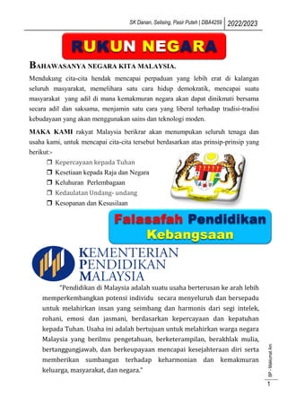 SK Danan, Selising, Pasir Puteh | DBA4259 2022/2023
BP
-
Maklumat
Am
1
“Pendidikan di Malaysia adalah suatu usaha berterusan ke arah lebih
memperkembangkan potensi individu secara menyeluruh dan bersepadu
untuk melahirkan insan yang seimbang dan harmonis dari segi intelek,
rohani, emosi dan jasmani, berdasarkan kepercayaan dan kepatuhan
kepada Tuhan. Usaha ini adalah bertujuan untuk melahirkan warga negara
Malaysia yang berilmu pengetahuan, berketerampilan, berakhlak mulia,
bertanggungjawab, dan berkeupayaan mencapai kesejahteraan diri serta
memberikan sumbangan terhadap keharmonian dan kemakmuran
keluarga, masyarakat, dan negara.”
BAHAWASANYA NEGARA KITA MALAYSIA.
Mendukung cita-cita hendak mencapai perpaduan yang lebih erat di kalangan
seluruh masyarakat, memelihara satu cara hidup demokratik, mencapai suatu
masyarakat yang adil di mana kemakmuran negara akan dapat dinikmati bersama
secara adil dan saksama, menjamin satu cara yang liberal terhadap tradisi-tradisi
kebudayaan yang akan menggunakan sains dan teknologi moden.
MAKA KAMI rakyat Malaysia berikrar akan menumpukan seluruh tenaga dan
usaha kami, untuk mencapai cita-cita tersebut berdasarkan atas prinsip-prinsip yang
berikut:-
 Kepercayaan kepada Tuhan
 Kesetiaan kepada Raja dan Negara
 Keluhuran Perlembagaan
 Kedaulatan Undang- undang
 Kesopanan dan Kesusilaan
 