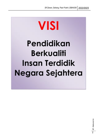 SK Danan, Selising, Pasir Puteh | DBA4259 2022/2023
BP
-
Maklumat
Am
2
VISI
Pendidikan
Berkualiti
Insan Terdidik
Negara Sejahtera
 