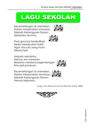 SK Danan, Selising, Pasir Puteh | DBA4259 2022/2023
BP
-
Maklumat
Am
7
Kecemerlangan di utamakan,
Dalam menjanakan wawasan,
Sekolah Kebangsaan Danan,
Sekolahku tercinta,
Para gurunya berdedikasi,
Sedia menaburkan bakti,
Agar cita-cita yang murni,
Direstui Ilahi
Majulah sekolahku,
Menuju era wawasan,
Bersama membina kegemilangan,
Ilmu jadi panduan,
Kecemerlangan di utamakan,
Dalam menjanakan wawasan,
Sekolah Kebangsaan Danan,
Menuju kejayaan,
(Lagu/ Lirik: Khairul Anuar Ab. Rahman @ Kay, 2005)
 