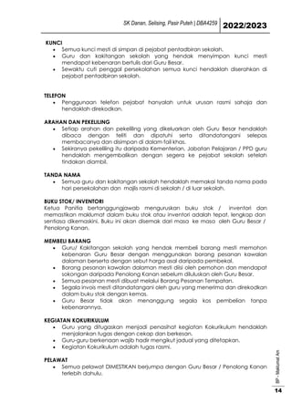 SK Danan, Selising, Pasir Puteh | DBA4259
2022/2023
BP
-
Maklumat
Am
14
KUNCI
 Semua kunci mesti di simpan di pejabat pentadbiran sekolah.
 Guru dan kakitangan sekolah yang hendak menyimpan kunci mesti
mendapat kebenaran bertulis dari Guru Besar.
 Sewaktu cuti penggal persekolahan semua kunci hendaklah diserahkan di
pejabat pentadbiran sekolah.
TELEFON
 Penggunaan telefon pejabat hanyalah untuk urusan rasmi sahaja dan
hendaklah direkodkan.
ARAHAN DAN PEKELILING
 Setiap arahan dan pekeliling yang dikeluarkan oleh Guru Besar hendaklah
dibaca dengan teliti dan dipatuhi serta ditandatangani selepas
membacanya dan disimpan di dalam fail khas.
 Sekiranya pekeliling itu daripada Kementerian, Jabatan Pelajaran / PPD guru
hendaklah mengembalikan dengan segera ke pejabat sekolah setelah
tindakan diambil.
TANDA NAMA
 Semua guru dan kakitangan sekolah hendaklah memakai tanda nama pada
hari persekolahan dan majlis rasmi di sekolah / di luar sekolah.
BUKU STOK/ INVENTORI
Ketua Panitia bertanggungjawab menguruskan buku stok / inventori dan
memastikan maklumat dalam buku stok atau inventori adalah tepat, lengkap dan
sentiasa dikemaskini. Buku ini akan disemak dari masa ke masa oleh Guru Besar /
Penolong Kanan.
MEMBELI BARANG
 Guru/ Kakitangan sekolah yang hendak membeli barang mesti memohon
kebenaran Guru Besar dengan menggunakan borang pesanan kawalan
dalaman berserta dengan sebut harga asal daripada pembekal.
 Borang pesanan kawalan dalaman mesti diisi oleh pemohon dan mendapat
sokongan daripada Penolong Kanan sebelum diluluskan oleh Guru Besar.
 Semua pesanan mesti dibuat melalui Borang Pesanan Tempatan.
 Segala invois mesti ditandatangani oleh guru yang menerima dan direkodkan
dalam buku stok dengan kemas.
 Guru Besar tidak akan menanggung segala kos pembelian tanpa
kebenarannya.
KEGIATAN KOKURIKULUM
 Guru yang ditugaskan menjadi penasihat kegiatan Kokurikulum hendaklah
menjalankan tugas dengan cekap dan berkesan.
 Guru-guru berkenaan wajib hadir mengikut jadual yang ditetapkan.
 Kegiatan Kokurikulum adalah tugas rasmi.
PELAWAT
 Semua pelawat DIMESTIKAN berjumpa dengan Guru Besar / Penolong Kanan
terlebih dahulu.
 