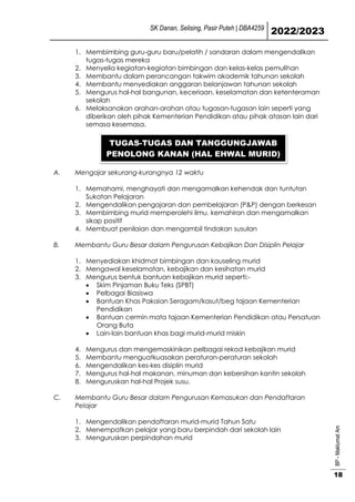 SK Danan, Selising, Pasir Puteh | DBA4259
2022/2023
BP
-
Maklumat
Am
18
1. Membimbing guru-guru baru/pelatih / sandaran dalam mengendalikan
tugas-tugas mereka
2. Menyelia kegiatan-kegiatan bimbingan dan kelas-kelas pemulihan
3. Membantu dalam perancangan takwim akademik tahunan sekolah
4. Membantu menyediakan anggaran belanjawan tahunan sekolah
5. Mengurus hal-hal bangunan, keceriaan, keselamatan dan ketenteraman
sekolah
6. Melaksanakan arahan-arahan atau tugasan-tugasan lain seperti yang
diberikan oleh pihak Kementerian Pendidikan atau pihak atasan lain dari
semasa kesemasa.
A. Mengajar sekurang-kurangnya 12 waktu
1. Memahami, menghayati dan mengamalkan kehendak dan tuntutan
Sukatan Pelajaran
2. Mengendalikan pengajaran dan pembelajaran (P&P) dengan berkesan
3. Membimbing murid memperolehi ilmu, kemahiran dan mengamalkan
sikap positif
4. Membuat penilaian dan mengambil tindakan susulan
B. Membantu Guru Besar dalam Pengurusan Kebajikan Dan Disiplin Pelajar
1. Menyediakan khidmat bimbingan dan kauseling murid
2. Mengawal keselamatan, kebajikan dan kesihatan murid
3. Mengurus bentuk bantuan kebajikan murid seperti:-
 Skim Pinjaman Buku Teks (SPBT)
 Pelbagai Biasiswa
 Bantuan Khas Pakaian Seragam/kasut/beg tajaan Kementerian
Pendidikan
 Bantuan cermin mata tajaan Kementerian Pendidikan atau Persatuan
Orang Buta
 Lain-lain bantuan khas bagi murid-murid miskin
4. Mengurus dan mengemaskinikan pelbagai rekod kebajikan murid
5. Membantu menguatkuasakan peraturan-peraturan sekolah
6. Mengendalikan kes-kes disiplin murid
7. Mengurus hal-hal makanan, minuman dan kebersihan kantin sekolah
8. Menguruskan hal-hal Projek susu.
C. Membantu Guru Besar dalam Pengurusan Kemasukan dan Pendaftaran
Pelajar
1. Mengendalikan pendaftaran murid-murid Tahun Satu
2. Menempatkan pelajar yang baru berpindah dari sekolah lain
3. Menguruskan perpindahan murid
TUGAS-TUGAS DAN TANGGUNGJAWAB
PENOLONG KANAN (HAL EHWAL MURID)
 