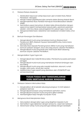 SK Danan, Selising, Pasir Puteh | DBA4259
2022/2023
BP
-
Maklumat
Am
21
C. Perkara-Perkara Akademik
1. Merekodkan keputusan setiap keputusan ujian di dalam Buku Rekod
Persediaan Mengajar.
2. Mengisi markah peperiksaan/ujian semesta dalam Borang Markah Besar.
3. Mengemaskinikan Buku Penilaian Kemajuan Murid Berasaskan Sekolah
(PKBS)
4. Memastikan papan kenyataan di dalam kelas dimanafaatkan dengan
sepenuhnya seperti mempamerkan jadual waktu, peraturan-peraturan
sekolah, notis Guru Besar, jadual kegiatan KO, jadual tugas murid, dsb.
5. Mengawasi kekemasan, kebersihan dan keselesaan di dalam kelas untuk
PdP
D. Bantuan Kewangan Dan Biasiswa
1. Mengenalpasti murid yang memerlukan bantuan Biasiswa Kecil
Persekutuan (BKP), Biasiswa Yayasan Sarawak(BYS) atau mana-mana
pertubuhan lain
2. Memaklumkan kepada Penolong kanan (HEM) murid yang memerlukan
bantuan pakaian seragam, kasut atau beg anjuran Jabatan Pendidikan.
3. Mengenalpasti murid yang layak atau tidak layak diberi sebarang
bantuan anjuran Jabatan Pendidikan .
E Mengendalikan Tugas-Tugas Lain
1. Mengenalpasti dan melantik Ketua kelas / Pembantunya pada permulaan
penggal.
2. Mengenalpasti murid-murid yang memerlukan khidmat bimbingan dan
kaunseling
3. Mengenalpasti murid yang ada masalah kesihatan, ekonomi, rumah
tangga, yatim piatu, emosi dan mental
4. Melaksanakan tugas seperti yang diarahkan oleh JP/GB/PK/PP dari
semasa kesemasa.
A. Persiapan Sebelum Memulakan Kerja
1. Menghadirkan diri di sekolah sekurang-kurangnya 15 minit sebelum
pelajaran bermula
2. Mengenalpasti kawasan yang memerlukan perhatian utama
3. Mengenalpasti kumpulan murid yang kena giliran bekerja
4. Membahagikan kerja mengikut kumpulan murid
B Mengawas Murid Menjalankan Kerja
1. Menunjukkan dengan jelas tugas yang diagihkan kepada murid
2. Memastikan tugas dijalankan dengan sempurna, cepat dan berkesan
3. Menentukan setiap murid yang bertugas bekerja dengan berdisiplin
TUGAS-TUGAS DAN TANGGUNGJAWAB
GURU BERTUGAS HARIAN/ MINGGUAN
 