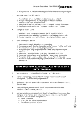 SK Danan, Selising, Pasir Puteh | DBA4259
2022/2023
BP
-
Maklumat
Am
22
4. Mengarahkan murid berhenti bekerja dan masuk ke kelas dengan segera
C Mengawas Murid Semasa Rehat
1. Memastikan semua murid berada dalam kawasan sekolah
2. Mengawal disiplin murid-murid yang berebut-rebut membeli
makanan/minuman di dalam kantin
3. Memastikan murid-murid makan/minum dengan beradab dan sopan.
4. Menjaga kebersihan tempat / kawasan mereka minum / makan.
A. Mengawal Disiplin Murid
1. Mengendalikan kes-kes kemalangan dalam kawasan sekolah
2. Menyelesaikan perkelahian / pergaduhan / kehilangan barang, dsb
3. Menguruskan kes-kes murid sakit dan memerlukan tindakan segera.
E Jenis-Jenis Kerja Tumpuan
1. Memungut sampah di luar bangunan sekolah
2. Menyapu sampah di dalam kelas / beranda / tangga / sekitar kantin,dsb
3. Membersihkan kawasan pembuangan sampah
4. Mengosongkan tong-tong sampah ke dalam tempat pembuangan
sampah
5. Membersihkan tandas murid lelaki dan perempuan, parit, dsb
6. Merumput tanam-tanaman di atas batas / dalam pasu bunga, dsb
7. Menyiram tanam-tanaman dalam pasu bunga / atas batas, dsb
8. Membuat kerja-kerja seperti yang diarahkan oleh Guru Besar dari semasa
ke semasa
1. Menentukan penggunaan Sukatan Pelajaran yang kemaskini.
2. Menentukan penggunaan alat bantu mengajar dan kaedah-kaedah
pengajaran / pembelajaran yang kemaskini
3. Bertanggungjawab menyediakan rancangan pelajaran mingguan, bulanan
dan penggal
4. Menyelaras penyediaan soalan-soalan peperiksaan dalaman dan
pemeriksaan kertas-kertas jawapan
5. Menganalisa keputusan peperiksaan bagi mata pelajaran berkenaan dan
mengkaji serta mencari jalan untuk memajukan taraf pencapaian dari
semasa ke semasa seperti mengadakan:
a) Kelas tambahan
b) Ceramah menjawab soalan-soalan
c) Peraduan-peraduan tertentu
TUGAS-TUGAS DAN TANGGUNGJAWAB KETUA PANITIA
MATA PELAJARAN
 