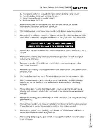 SK Danan, Selising, Pasir Puteh | DBA4259
2022/2023
BP
-
Maklumat
Am
28
b. mengadakan kursus-kursus bimbingan dalam bidang yang sesuai
c. menganjurkan ceramah, seminar, forum.
d. Mengadakan lawatan sambil belajar
e. Kegiatan-kegiatan lain
3. Membimbing ahli-ahli jawatankuasa dan ahli-ahli persatuan dalam
memahami peraturan-peraturan persatuan
4. Menggiatkan lagi kecenderungan murid-murid dalam bidang pelajaran
5. Menentukan rancangan kegiatan tahunan dibuat dan disampaikan kepada
Guru Besar pada awal penggal persekolahan yang pertama tiap-tiap tahun.
1. Memajukan kemahiran dan minat murid-murid dalam permainan sukan yang
dijagai
2. Membentuk, membuat pemilihan dan melatih pasukan sekolah mengikut
jadual yang dirangka
3. Berusaha mendapatkan khidmat nasihat daripada mereka yang pakar
dalam permainan itu
4. Menentukan undang-undang permainan dan perlawanan untuk perlawanan
antara rumah
5. Menganjurkan perlawanan antara sekolah seberapa kerap yang mungkin
6. Menguruskan pengangkutan untuk pasukan sekolah ke pertandingan luar
termasuk surat izin ibubapa dan memastikan murid-murid itu dilindungi
insurans
7. Melaporkan dan merekodkan keputusan-keputusan pertandingan yang
disertai oleh pasukan sekolah dan pertandingnan-pertandingan peringkat
sekolah
8. Menyediakan anggaran perbelanjaan untuk peralatan dan pengurusan bagi
permainan itu.
9. Memastikan murid-murid pasukan sekolah memilik semangat kesukanan yang
tinggi disamping menjunjung undang-undang dan disiplin sekolah
10. Menentukan peralatan / gelanggang permainan sentiasa dalam kaedaan
sempurna dan selamat untuk digunakan
11. Merancang dengan guru-guru rumah tentang aktiviti-aktiviti tahunan pada
awal penggal.
TUGAS-TUGAS DAN TANGGUNGJAWAB
GURU PENASIHAT PERMAINAN SUKAN
 