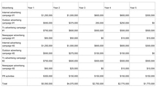 Advertising Year 1 Year 2 Year 3 Year 4 Year 5
Internet advertising
campaign #1 $1,250,000 $1,000,000 $600,000 $600,000 $300,000
Outdoor advertising
campaign #1 $550,000 $375,000 250,000 $250,000 $0
Tv advertising campaign
#1 $750,000 $600,000 $500,000 $500,000 $500,000
Newspaper advertising
campaign #1 $50,000 $50,000 $0 $10,000 $10,000
Internet advertising
campaign #2 $1,250,000 $1,000,000 $600,000 $600,000 $300,000
Outdoor advertising
campaign #2 $550,000 $275,000 $150,000 $150,000 $0
Tv advertising campaign
#2 $750,000 $600,000 $500,000 $500,000 $500,000
Newspaper advertising
campaign #2 $50,000 $25,000 $0 $10,000 $10,000
PR activities $350,000 $150,000 $150,000 $150,000 $150,000
Total $5,550,000 $4,075,000 $2,750,000 $2,770,000 $1,770,000
 