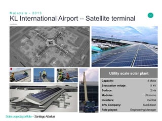 11
KL International Airport – Satellite terminal
M a l a y s i a - 2 0 1 3
Insert Header Info
Utility scale solar plant
Capacity: 4 MWp
Evacuation voltaje: 11 kV
Surface: 2 Ha
Modules: cSi mono
Inverters: Central
EPC Company: SunEdison
Role played: Engineering Manager
Solarprojectsportfolio–SantiagoAbaitua
 
