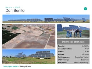 17
Don Benito
S p a i n - 2 0 0 7
Insert Header Info
Utility scale solar plant
Capacity: 2.2 MWp
Evacuation voltaje: 20 kV
Surface: 10 Ha
Modules: cSi mono
Racking system: Double Axis Tracker
EPC Company: Ecostream
Role played: Senior Electrical Eng.
Solarprojectsportfolio–SantiagoAbaitua
 