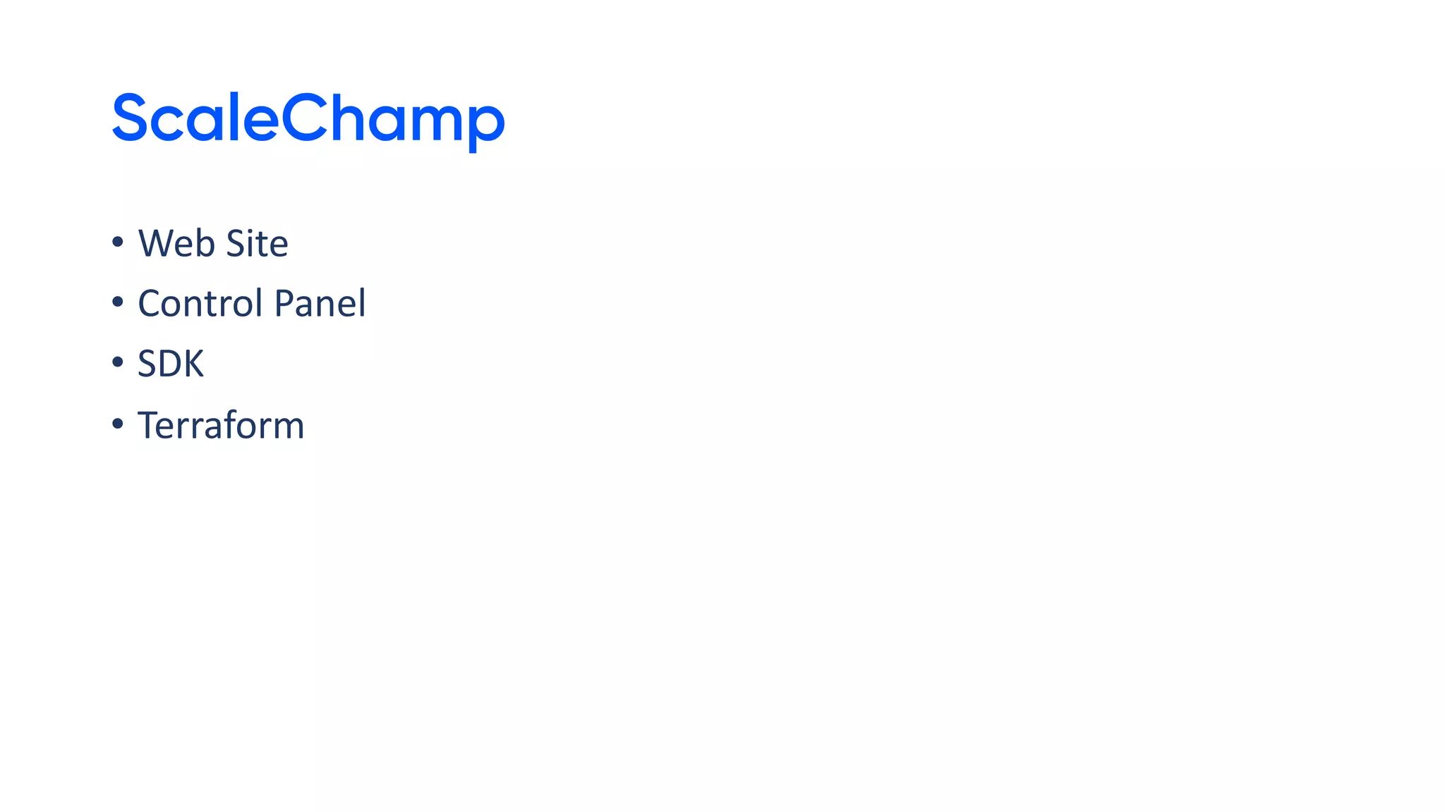 ScaleChamp
• Web Site
• Control Panel
• SDK
• Terraform
 