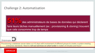 51%des administrateurs de bases de données qui déclarent 
faire leurs tâches manuellement (ex : provisioning & cloning) trouvent 
que cela consomme trop de temps 
Copyright © 2014 Oracle and/or its affiliates. All rights reserved. | 
Challenge 2: Automatisation 
“Provisioning a database server takes us 4-5 days with involvement of different groups to create a system meeting 
enterprise standards. Need to roll out services on short order in matter of minutes and hours” 
 