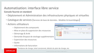 Automatisation: interface libre service 
Console fournie en standard 
• Déploiement et Administration des infrastructures physiques et virtuelles 
• Catalogue de services (Services de base de données - Modèles & Assemblages) 
• Actions utilisateurs 
– Déploiement des composants 
– Mise en place & suppression des ressources 
– Démarrage & Arrêt 
– Demande d’espace de stockage supplémentaire 
– Supervision des ressources 
– Quota 
– Informations de facturation 
• Tendance de charge, total consommé, détails du plan de charge, etc 
Copyright © 2014 Oracle and/or its affiliates. All rights reserved. | 
 