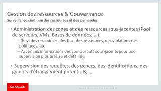 Gestion des ressources & Gouvernance 
Surveillance continue des ressources et des demandes 
• Administration des zones et des ressources sous-jacentes (Pool 
de serveurs, VMs, Bases de données, …) 
– Suivi des ressources, des flux, des ressources, des violations des 
politiques, etc 
– Accès aux informations des composants sous-jacents pour une 
supervision plus précise et détaillée 
• Supervision des requêtes, des échecs, des identifications, des 
goulots d’étranglement potentiels, … 
Copyright © 2014 Oracle and/or its affiliates. All rights reserved. | 
 