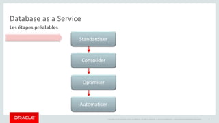 Copyright © 2014 Oracle and/or its affiliates. All rights reserved. | 
Database as a Service 
Les étapes préalables 
Oracle Confidential – Internal/Restricted/Highly Restricted 9 
Standardiser 
Consolider 
Optimiser 
Automatiser 
 