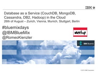 © 2013 IBM Corporation 
Database as a Service (CouchDB, MongoDB, 
Cassandra, DB2, Hadoop) in the Cloud 
26th of August – Zurich, Vienna, Munich, Stuttgart, Berlin 
#bluemixdays 
@IBMBlueMix 
@RomeoKienzler 
 