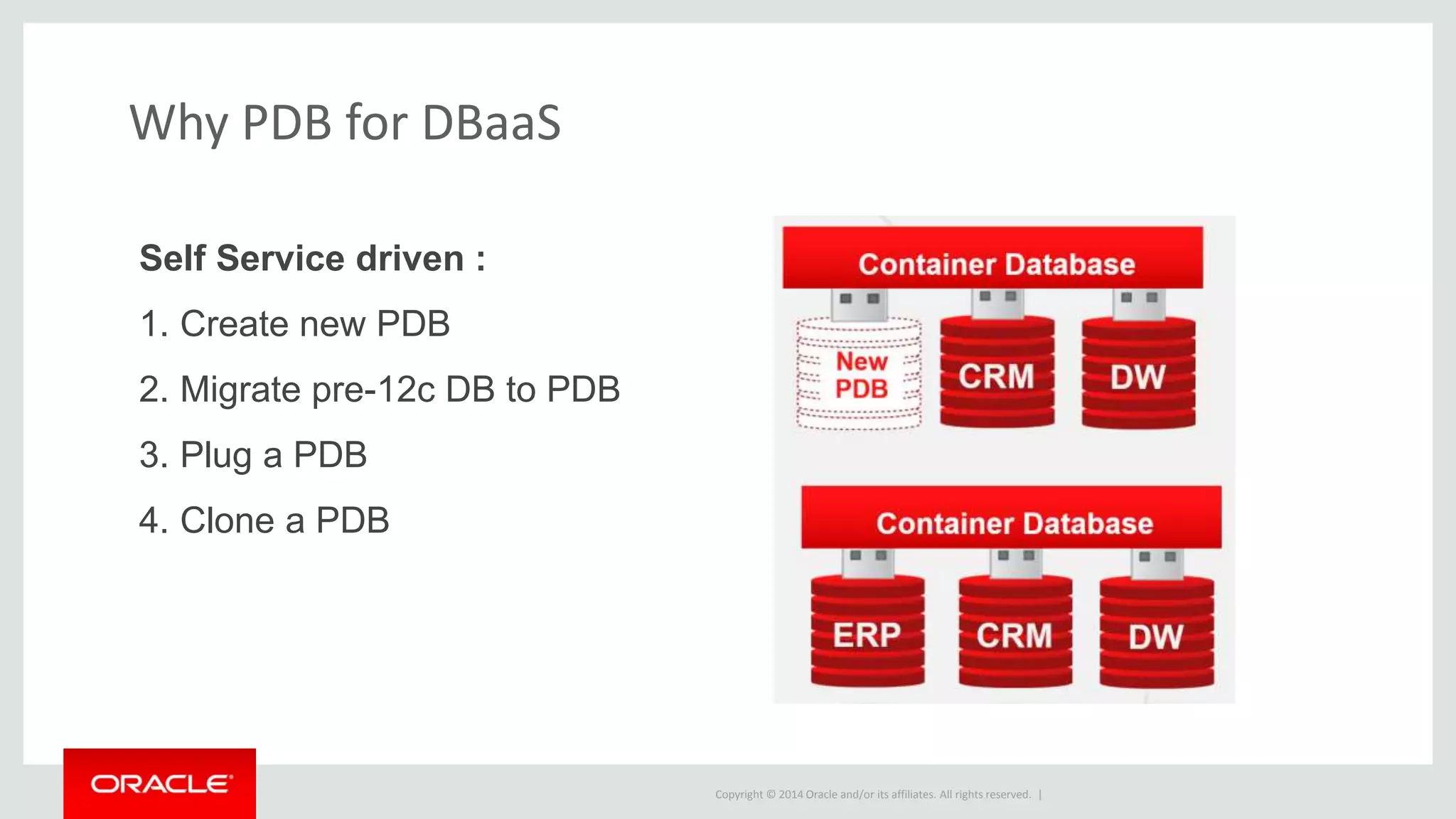 Copyright © 2014 Oracle and/or its affiliates. All rights reserved. |
Why PDB for DBaaS
Self Service driven :
1. Create new PDB
2. Migrate pre-12c DB to PDB
3. Plug a PDB
4. Clone a PDB
 