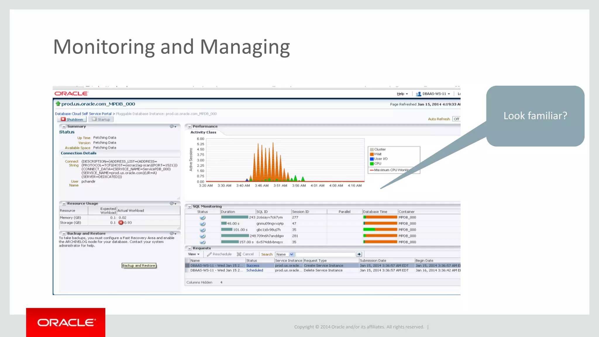 Copyright © 2014 Oracle and/or its affiliates. All rights reserved. |
Monitoring and Managing
Look familiar?
 