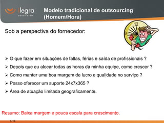 Modelo tradicional de outsourcing
                    (Homem/Hora)

 Sob a perspectiva do fornecedor:



  O que fazer em situações de faltas, férias e saída de profissionais ?
  Depois que eu alocar todas as horas da minha equipe, como crescer ?
  Como manter uma boa margem de lucro e qualidade no serviço ?
  Posso oferecer um suporte 24x7x365 ?
  Área de atuação limitada geograficamente.



Resumo: Baixa margem e pouca escala para crescimento.
   1-13
 