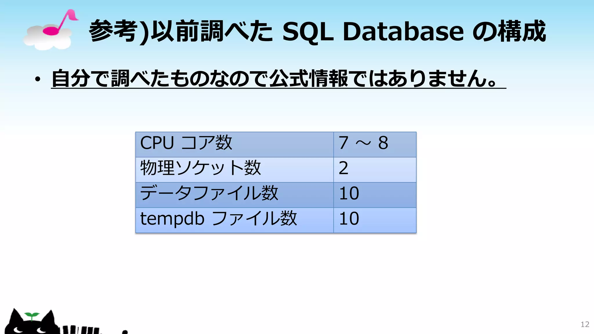 参考)以前調べた SQL Database の構成
• 自分で調べたものなので公式情報ではありません。
CPU コア数
物理ソケット数
データファイル数
tempdb ファイル数

7～8
2
10
10

12

 
