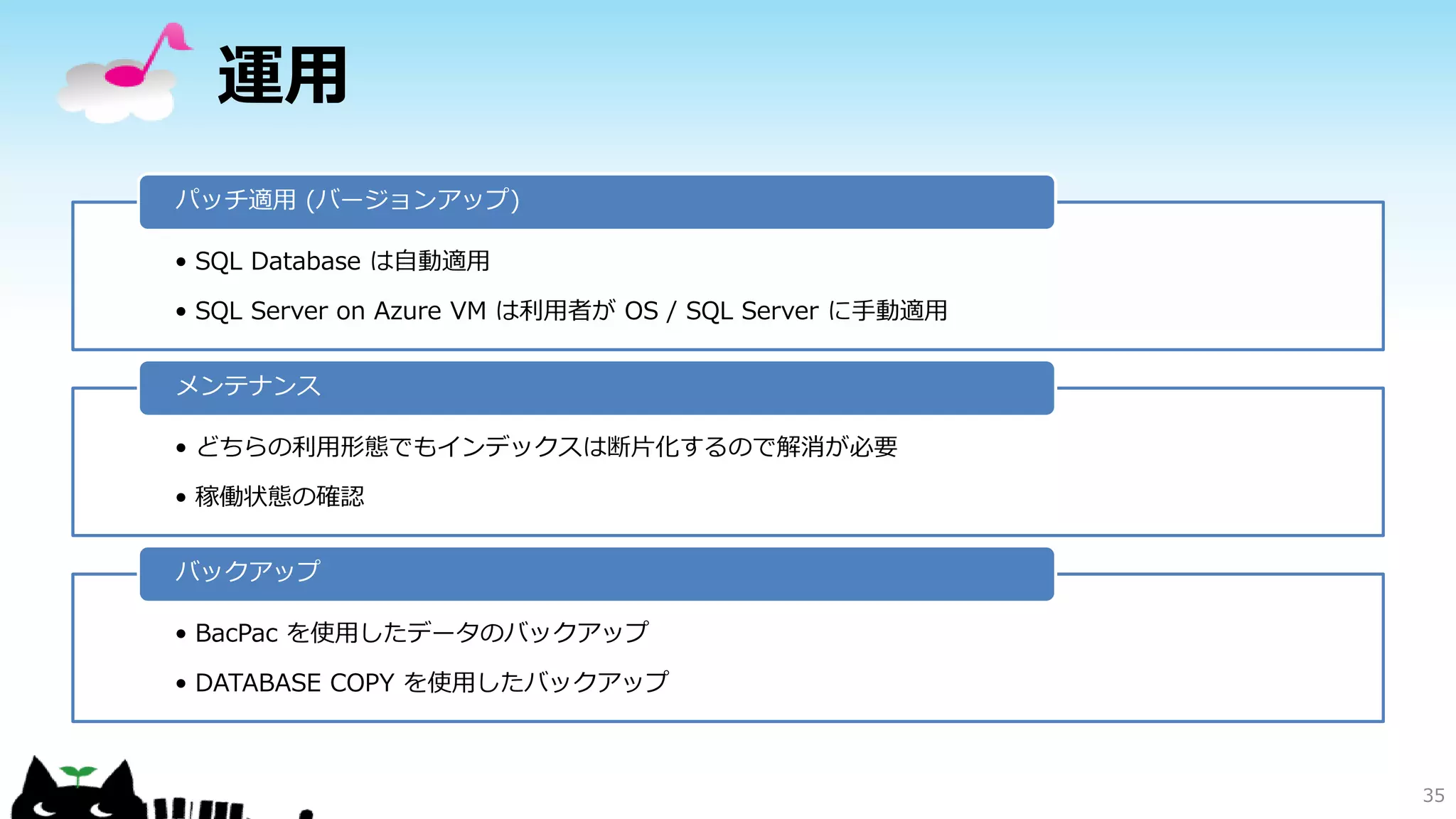 運用
パッチ適用 (バージョンアップ)
• SQL Database は自動適用
• SQL Server on Azure VM は利用者が OS / SQL Server に手動適用
メンテナンス
• どちらの利用形態でもインデックスは断片化するので解消が必要
• 稼働状態の確認
バックアップ

• BacPac を使用したデータのバックアップ
• DATABASE COPY を使用したバックアップ

35

 