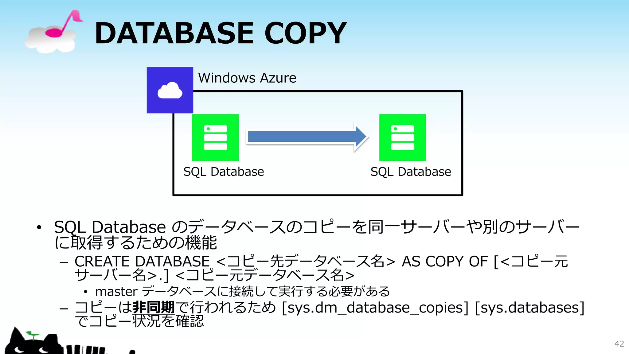 DATABASE COPY
Windows Azure

SQL Database

SQL Database

• SQL Database のデータベースのコピーを同一サーバーや別のサーバー
に取得するための機能
– CREATE DATABASE <コピー先データベース名> AS COPY OF [<コピー元
サーバー名>.] <コピー元データベース名>
• master データベースに接続して実行する必要がある

– コピーは非同期で行われるため [sys.dm_database_copies] [sys.databases]
でコピー状況を確認
42

 