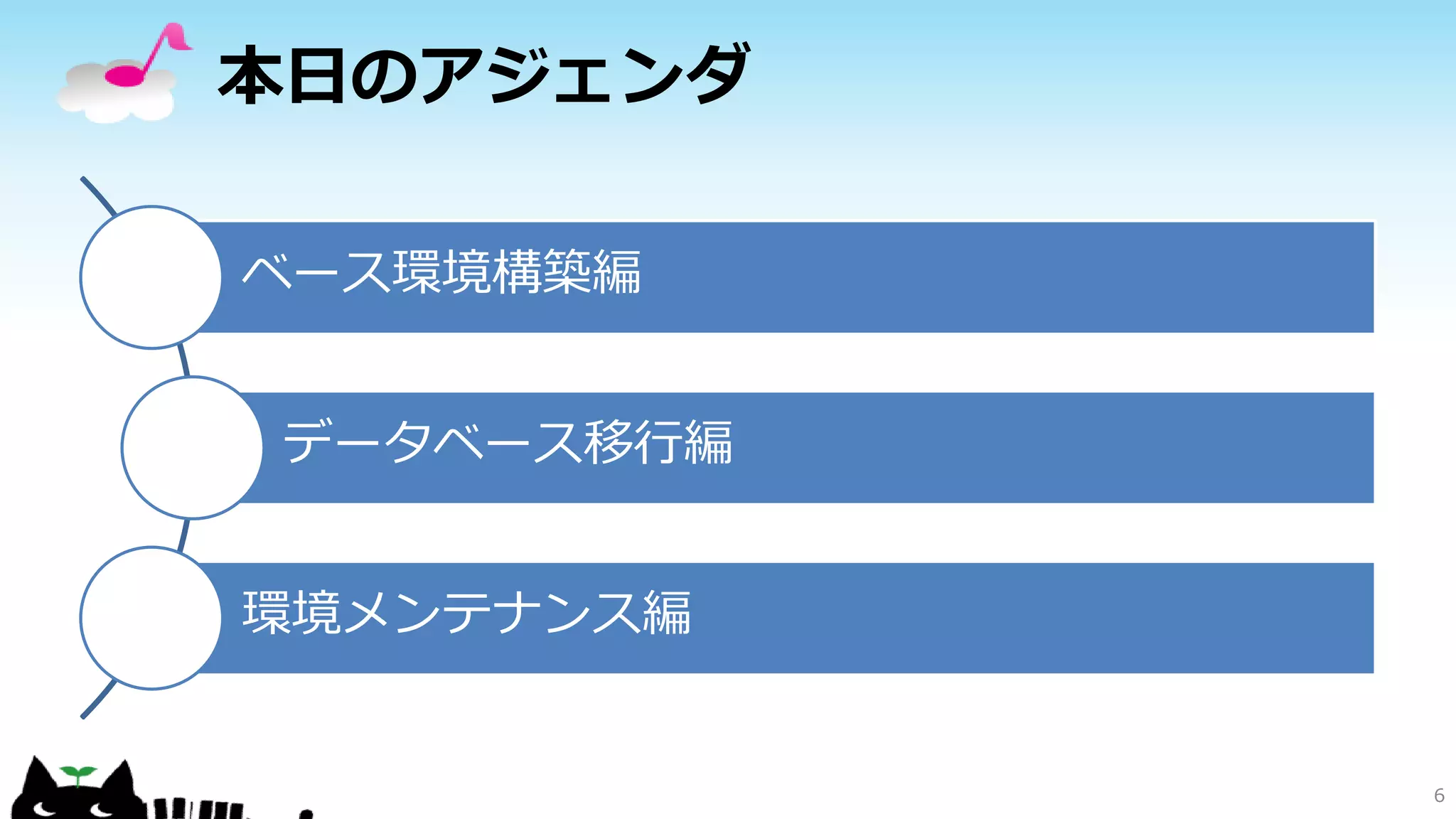 本日のアジェンダ
ベース環境構築編
データベース移行編
環境メンテナンス編

6

 