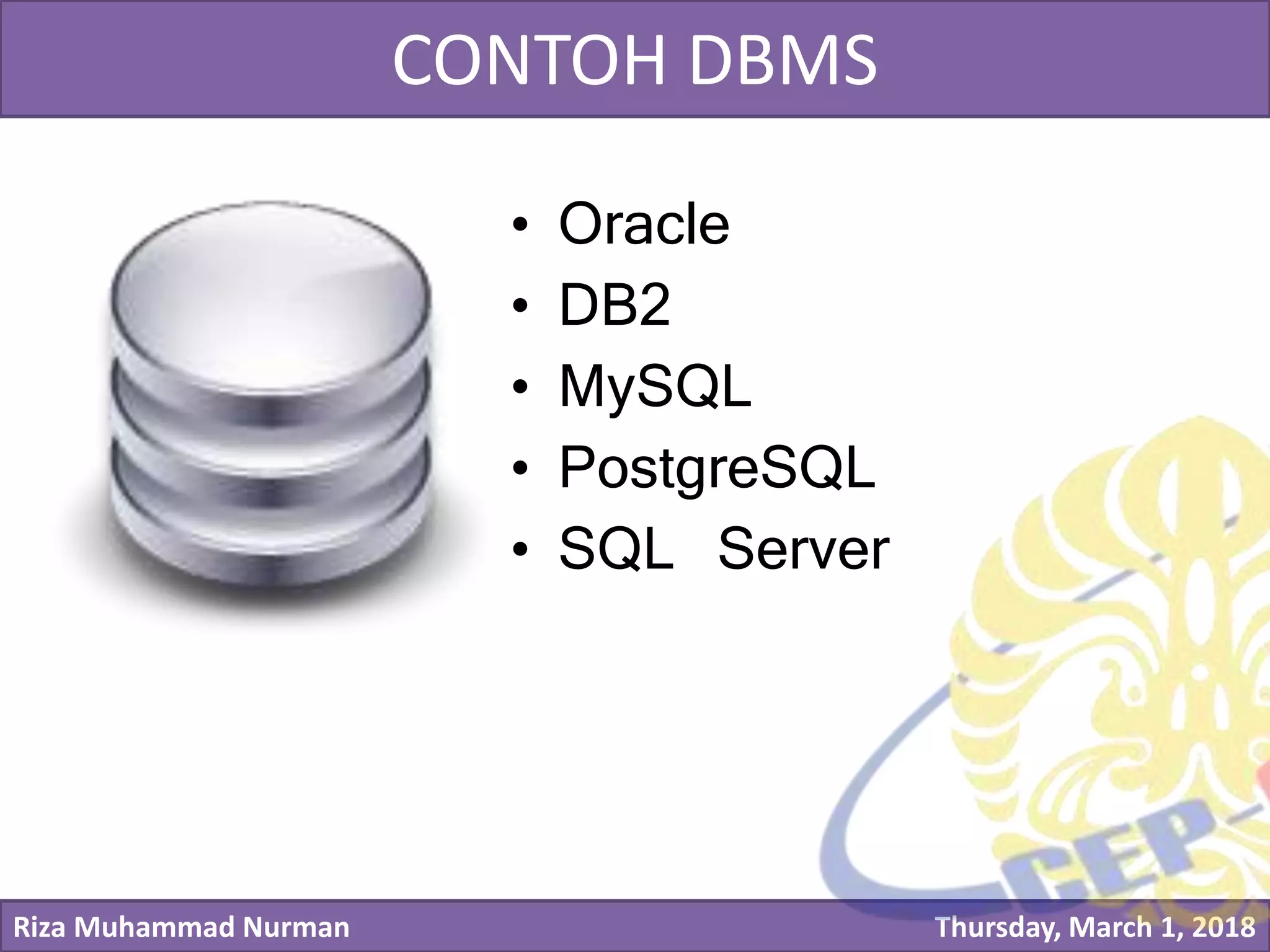 Riza Muhammad Nurman Thursday, March 1, 2018
Click to edit Master title styleCONTOH DBMS
• Oracle
• DB2
• MySQL
• PostgreSQL
• SQL Server
 