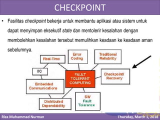 Riza Muhammad Nurman Thursday, March 1, 2018
Click to edit Master title styleCHECKPOINT
• Fasilitas checkpoint bekerja untuk membantu aplikasi atau sistem untuk
dapat menyimpan eksekutif state dan mentolerir kesalahan dengan
membolehkan kesalahan tersebut memulihkan keadaan ke keadaan aman
sebelumnya.
 