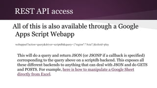 Getting a handle - import.io
import.io
var importioHandler = new cDataHandler.DataHandler
('caff10dc-3bf8-402e-b1b8-c799a77c3e8c', cDataHandler.dhConstants.DB.IMPORTIO,
undefined,'myimportio',JSON.parse(UserProperties.getProperty("importioKeys")));
This will use a data set from import.io with the id caff10dc-3bf8-402e-b1b8-
c799a77c3e8c. The user executing this has his importio API and user key
stored in his user properties. Note that import.io only has the query()
method, since it is a readonly source. (h/t to MartinHawksey for his
importio library.
 