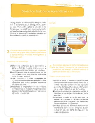 Derechos Básicos de Aprendizaje • V.1
22
3.
Comprende la clasificación de los materiales
a partir de grupos de sustancias (elementos
y compuestos) y mezclas (homogéneas y
heterogéneas).
Evidencias de aprendizaje
q	Diferencia sustancias puras (elementos y
compuestos) de mezclas (homogéneas y
heterogéneas) en ejemplos de uso cotidiano.
q	Identifica sustancias de uso cotidiano (sal de
cocina, agua, cobre, entre otros) con sus símbolos
químicos (NaCl, H2
O, Cu).
q	Explica la importancia de las propiedades del
agua como solvente para los ecosistemas y los
organismos vivos, dando ejemplos de distintas
soluciones acuosas.
q	Reconoce la importancia de los coloides
(como ejemplo de mezcla heterogénea) en los
procesos industriales (Pinturas, lacas) y biomédicos
(Alimentos y medicinas).
un seguimiento al calentamiento del agua hasta
que se acciona la válvula de seguridad. A partir
de esta información explica la relación de la
temperatura y la presión con el comportamiento
de la sustancia y representa la relación del tiempo
(t) con la temperatura (T) mediante una gráfica en
la que identifica el punto de ebullición.
4.
Comprende algunas de las funciones básicas
de la célula (transporte de membrana,
obtención de energía y división celular) a
partir del análisis de su estructura.
Evidencias de aprendizaje
q	Explica el rol de la membrana plasmática en
el mantenimiento del equilibrio interno de la
célula, y describe la interacción del agua y las
partículas (ósmosis y difusión) que entran y salen
de la célula mediante el uso de modelos.
q	Explica el proceso de respiración celular e
identifica el rol de la mitocondria en dicho
proceso.
q	Interpreta modelos sobre los procesos de
división celular (mitosis), como mecanismos que
permiten explicar la regeneración de tejidos y
el crecimiento de los organismos.
q	Predice qué ocurre a nivel de transporte de
membrana, obtención de energía y división
celular en caso de daño de alguna de las
organelas celulares.
Ciencias Naturales • Grado 6º
Ejemplo
CienciasNaturales DBA_Final.indd 22 12/10/16 3:16 p.m.
 