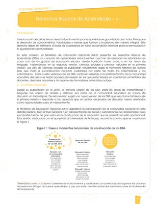 Derechos Básicos de Aprendizaje • V.1
5
Ciencias Naturales •
Segunda Versión
de los DBA
Presentación
de la segunda
Versión de los
DBA, 2016
Discusión Pública
Mesas regionales
Mesas sectoriales
Mesas virtuales
Foros virtuales
Evaluación de
pares nacionales e
internacionales
Discusión interna
Análisis de referentes
Nacionales e
Internacionales
Discusiones en los
equipos de trabajo.
Discusión
Pública
Foros regionales
Foros virtuales
Documentos
académicos
Sistematización de
la discusión pública
Presentación
Primera Versión
de los DBA, 2015
Revisión con
la comunidad
educativa
Foros regionales
Foros virtuales
Documentos
académicos
Sistematización
de la discusión
pública
Introducción
La educación de calidad es un derecho fundamental y social que debe ser garantizado para todos. Presupone
el desarrollo de conocimientos, habilidades y valores que forman a la persona de manera integral. Este
derecho deber ser extensivo a todos los ciudadanos en tanto es condición esencial para la democracia y
la igualdad de oportunidades.
En esta ocasión, el Ministerio de Educación Nacional (MEN) presenta los Derechos Básicos de
Aprendizaje (DBA), un conjunto de aprendizajes estructurantes1
que han de aprender los estudiantes en
cada uno de los grados de educación escolar, desde transición hasta once, y en las áreas de
lenguaje, matemáticas en su segunda versión, ciencias sociales y ciencias naturales en su primera
versión. Los DBA de ciencias sociales se publicarán virtualmente dado el momento histórico de nuestro
país que invita a suconstrucción conjunta cuidadosa por parte de todas las colombianas y los
colombianos. Estas cuatro versiones de los DBA continúan abiertas a la realimentación de la comunidad
educativa del país y se harán procesos de revisión en los que serán tenidos en cuenta los comentarios de
docentes, directivos docentes y formadores de formadores, entre otros actores.
2.	 El camino recorrido
Desde su publicación en el 2015, la primera versión de los DBA, para las áreas de matemáticas y
lenguaje, fue objeto de análisis y reflexión por parte de la comunidad educativa en mesas de
discusión en todo el país. De esta revisión surgió una nueva versión de los DBA que rescata las fortalezas de
la primera versión y responde a los aspectos que en dichos escenarios de discusión fueron reseñados
como oportunidades para el mejoramiento.
El Ministerio de Educación Nacional (MEN) agradece la participación de la comunidad nacional en este
debate público, bien a título personal o en representación de Redes o Asociaciones de profesionales; pues
sus aportes fueron de gran valor en la construcción de la propuesta que se presenta en esta oportunidad.
Esta versión, elaborada con el apoyo de la Universidad de Antioquia, recorrió el camino que se muestra en
la Figura 1.
Figura 1. Fases o momentos del proceso de construcción de los DBA
1
Entendidos como un conjunto coherente de conocimientos y habilidades con potencial para organizar los procesos
necesarios en el logro de nuevos aprendizajes, y que, por ende, permiten profundas transformaciones en el desarrollo
de las personas.
CienciasNaturales DBA_Final.indd 5 12/10/16 3:15 p.m.
 