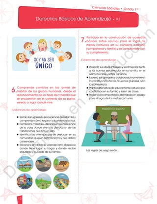12
1
1
1
0
9
8
7
0
3
3
0
3
0
0
270
2
4
0
210
180
N
O
S
1
0
9
8
7
6
5
4
3
2
3
0
0
270
2
4
0
210
180
150
1
2
0
90
6
0
O
S
E
12
1
1
1
0
9
8
7
6
5
4
3
2
1
0
3
3
0
3
0
0
270
2
4
0
210
180
150
1
2
0
90
6
0
3
0 N
O
S
E
12
1
1
1
0
9
8
7
6
5
4
3
2
1
0
3
3
0
3
0
0
270
2
4
0
210
180
150
1
2
0
90
6
0
3
0 N
O
S
E
Derechos Básicos de Aprendizaje • V.1
10
Ciencias Sociales • Grado 1º
7.
Participa en la construcción de acuerdos
básicos sobre normas para el logro de
metas comunes en su contexto cercano
(compañeros y familia) y se compromete con
su cumplimiento.
Evidencias de aprendizaje
l	Presenta sus ideas, intereses y sentimientos frente
a las normas establecidas en la familia, en el
salón de clase y otros espacios.
l	Expresa sus opiniones y colabora activamente en
la construcción de los acuerdos grupales para
la convivencia.
l	Plantea alternativas de solución frente a situaciones
conflictivas en su familia y salón de clase.
l	Reconoce la importancia del trabajo en equipo
para el logro de las metas comunes.
Las reglas de juego serán…
6.
Comprende cambios en las formas de
habitar de los grupos humanos, desde el
reconocimiento de los tipos de vivienda que
se encuentran en el contexto de su barrio,
vereda o lugar donde vive.
Evidencias de aprendizaje
l	Señala los lugares de procedencia de su familia y
comprende cómo llegaron a su vivienda actual.
l	Nombra los materiales utilizados en la construcción
de la casa donde vive y la distribución de las
habitaciones que hay en ella.
l	Identifica las viviendas que se destacan en su
comunidad, que son patrimonio hoy y que deben
conservarse.
l	Reconoce el valor de la vivienda como el espacio
donde tiene lugar su hogar y donde recibe
seguridad y cuidado de su familia.
D
o
c
u
m
e
n
t
o
e
n
c
o
n
s
t
r
u
c
c
i
ó
n
 