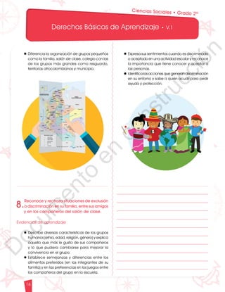 12
1
1
1
0
9
8
7
0
3
3
0
3
0
0
270
2
4
0
210
180
N
O
S
1
0
9
8
7
6
5
4
3
2
3
0
0
270
2
4
0
210
180
150
1
2
0
90
6
0
O
S
E
12
1
1
1
0
9
8
7
6
5
4
3
2
1
0
3
3
0
3
0
0
270
2
4
0
210
180
150
1
2
0
90
6
0
3
0 N
O
S
E
12
1
1
1
0
9
8
7
6
5
4
3
2
1
0
3
3
0
3
0
0
270
2
4
0
210
180
150
1
2
0
90
6
0
3
0 N
O
S
E
Derechos Básicos de Aprendizaje • V.1
16
8.
Reconoce y rechaza situaciones de exclusión
o discriminación en su familia, entre sus amigos
y en los compañeros del salón de clase.
Evidencias de aprendizaje
l	Describe diversas características de los grupos
humanos (etnia, edad, religión, género) y explica
aquello que más le gusta de sus compañeros
y lo que pudiera cambiarse para mejorar la
convivencia en el grupo.
l	Establece semejanzas y diferencias entre los
alimentos preferidos (en los integrantes de su
familia) y en las preferencias en los juegos entre
los compañeros del grupo en la escuela.
l	Diferencia la organización de grupos pequeños
como la familia, salón de clase, colegio con las
de los grupos más grandes como resguardo,
territorios afrocolombianos y municipio.
l	Expresa sus sentimientos cuando es discriminado
o aceptado en una actividad escolar y reconoce
la importancia que tiene conocer y aceptar a
las personas.
l	Identifica las acciones que generan discriminación
en su entorno y sabe a quién acudir para pedir
ayuda y protección.
Ciencias Sociales • Grado 2º
D
o
c
u
m
e
n
t
o
e
n
c
o
n
s
t
r
u
c
c
i
ó
n
 