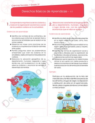 12
1
1
1
0
9
8
7
5
4
3
2
1
0
3
3
0
3
0
0
270
2
4
0
210
180
150
1
2
0
90
6
0
3
0 N
O
S
E
1
0
9
8
7
6
5
4
3
2
3
0
0
270
2
4
0
210
180
150
1
2
0
90
6
0
O
S
E
12
1
1
1
0
9
8
7
6
5
4
3
2
1
0
3
3
0
3
0
0
270
2
4
0
210
180
150
1
2
0
90
6
0
3
0 N
O
S
E
12
6
5
4
3
2
1
0
3
0
210
180
150
1
2
0
90
6
0
3
0 N
S
E
Derechos Básicos de Aprendizaje • V.1
17
Ciencias Sociales • Grado 3º
1.
Comprende la importancia de los océanos y
mares en la organización económica y social
de los pueblos costeros en la actualidad.
Evidencias de aprendizaje
l	Identifica los nombres de los continentes y de
los océanos que conforman el planeta Tierra y
reconoce las actividades que se realizan en las
zonas costeras.
l	Diferencia los mares como porciones de los
océanos y su importancia en la fijación de límites
entre países.
l	Plantea preguntas sobre las problemáticas
ambientales que viven los océanos en la
actualidad y explica el impacto en las poblaciones
costeras.
l	
Relaciona la ubicación geográfica de su
departamento, municipio, resguardo o lugar
donde vive, con la presencia o no de costas
sobre los océanos, y reconoce las ventajas y
desventajas de tenerlas.
2.
Relaciona las características biogeográficas
de su departamento, municipio, resguardo
o lugar donde vive, con las actividades
económicas que en ellos se realizan.
Evidencias de aprendizaje
l	Identifica la oferta de recursos naturales presentes
en su región respecto del suelo, clima, flora,
fauna y agua.
l	Reconoce las actividades que se realizan en su
región: agricultura, ganadería, pesca, industria,
minería o servicios.
l	Describe las formas de organización social y
económica utilizadas para la explotación de
los recursos naturales (empresas, asociaciones,
corporaciones autónomas regionales).
l	Expresa por qué en espacios con determinados
climas no se cuenta con ciertos productos y
destaca la importancia del trabajo que realizan
quienes producen los alimentos para el bienestar
de todos.
Ejemplo
Participa en la elaboración de la lista del
mercado de su familia e identifica los precios de
los alimentos, el lugar de origen, la disposición
y distribución de estos en el supermercado,
tienda, plaza o lugares donde se comercializan
e intercambian.
D
o
c
u
m
e
n
t
o
e
n
c
o
n
s
t
r
u
c
c
i
ó
n
 