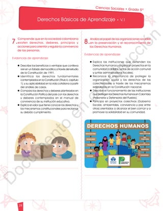 12
1
1
1
0
9
8
7
0
3
3
0
3
0
0
270
2
4
0
210
180
N
O
S
1
0
9
8
7
6
5
4
3
2
3
0
0
270
2
4
0
210
180
150
1
2
0
90
6
0
O
S
E
12
1
1
1
0
9
8
7
6
5
4
3
2
1
0
3
3
0
3
0
0
270
2
4
0
210
180
150
1
2
0
90
6
0
3
0 N
O
S
E
12
1
1
1
0
9
8
7
6
5
4
3
2
1
0
3
3
0
3
0
0
270
2
4
0
210
180
150
1
2
0
90
6
0
3
0 N
O
S
E
Derechos Básicos de Aprendizaje • V.1
28
Ciencias Sociales • Grado 5º
7.
Comprende que en la sociedad colombiana
existen derechos, deberes, principios y
acciones para orientar y regular la convivencia
de las personas.
Evidencias de aprendizaje
l	Describe los beneficios o ventajas que conlleva
vivir en un Estado democrático a través del estudio
de la Constitución de 1991.
l	
Identifica los derechos fundamentales
contemplados en la Constitución (Título II, capítulo
1), y su aplicabilidad en la vida cotidiana a partir
del análisis de casos.
l	Compara los derechos y deberes planteados en
la Constitución Política del país con los derechos
y deberes contemplados en el manual de
convivencia de su institución educativa.
l	Explica el valor que tiene conocer los derechos y
los mecanismos constitucionales para reclamar
su debido cumplimiento.
8.
Analiza el papel de las organizaciones sociales
en la preservación y el reconocimiento de
los Derechos Humanos.
Evidencias de aprendizaje
l	Explica las instituciones que defienden los
Derechos Humanos y organizan proyectos en la
comunidad (cabildos, juntas de acción comunal
y juntas administradoras locales).
l	
Reconoce la importancia de proteger la
organización social y los derechos de las
colectividades a través de los mecanismos
estipulados en la Constitución nacional.
l	Describe el funcionamiento de las instituciones
que protegen los Derechos Humanos en Colombia
(Personería y Defensoría del Pueblo).
l	Participa en proyectos colectivos (Gobierno
Escolar, ambientales, convivencia y paz entre
otros) orientados a alcanzar el bien común y a
promover la solidaridad en su comunidad.
D
o
c
u
m
e
n
t
o
e
n
c
o
n
s
t
r
u
c
c
i
ó
n
 