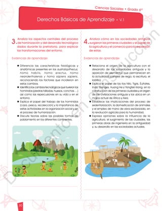 12
1
1
1
0
9
8
7
0
3
3
0
3
0
0
270
2
4
0
210
180
N
O
S
1
0
9
8
7
6
5
4
3
2
3
0
0
270
2
4
0
210
180
150
1
2
0
90
6
0
O
S
E
12
1
1
1
0
9
8
7
6
5
4
3
2
1
0
3
3
0
3
0
0
270
2
4
0
210
180
150
1
2
0
90
6
0
3
0 N
O
S
E
12
1
1
1
0
9
8
7
6
5
4
3
2
1
0
3
3
0
3
0
0
270
2
4
0
210
180
150
1
2
0
90
6
0
3
0 N
O
S
E
Derechos Básicos de Aprendizaje • V.1
30
Ciencias Sociales • Grado 6º
3.
Analiza los aspectos centrales del proceso
de hominización y del desarrollo tecnológico
dados durante la prehistoria, para explicar
las transformaciones del entorno.
Evidencias de aprendizaje
l Diferencia las características fisiológicas y
anatómicas presentes en los australopithecus,
homo habilis, homo erectus, homo
neanderthalensis y homo sapiens sapiens,
reconociendo los factores que incidieron en
estos cambios.
l Identifica los cambios tecnológicos que tuvieron los
homínidos (piedras talladas, huesos, conchas….)
así como las repercusiones en su vida y en el
entorno.
l Explica el papel del trabajo de los homínidos
(caza, pesca, recolección) y la importancia de
estas actividades en la organización social y en
el proceso de humanización.
l Discute teorías sobre las posibles formas de
poblamiento en los diferentes continentes.
4.
Analiza cómo en las sociedades antiguas
surgieron las primeras ciudades y el papel de
la agricultura y el comercio para la expansión
de estas.
Evidencias de aprendizaje
l Relaciona el origen de la agricultura con el
desarrollo de las sociedades antiguas y la
aparición de elementos que permanecen en
la actualidad (canales de riego, la escritura, el
ladrillo).
l Explica el papel de los ríos Nilo, Tigris, Éufrates,
Indo, Ganges, Huang He y Yangtsé Kiang, en la
construcción de las primeras ciudades y el origen
de las civilizaciones antiguas y los ubica en un
mapa actual de África y Asia.
l Establece las implicaciones del proceso de
sedentarización, la domesticación de animales
y el empleo de mano de obra esclavizada, en
la revolución agrícola para la humanidad.
l Expresa opiniones sobre la influencia de la
agricultura, el surgimiento de las ciudades, las
primeras obras de ingeniería en la antigüedad
y, su desarrollo en las sociedades actuales.
D
o
c
u
m
e
n
t
o
e
n
c
o
n
s
t
r
u
c
c
i
ó
n
 