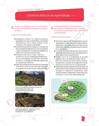 12
1
1
1
0
9
8
7
5
4
3
2
1
0
3
3
0
3
0
0
270
2
4
0
210
180
150
1
2
0
90
6
0
3
0 N
O
S
E
1
0
9
8
7
6
5
4
3
2
3
0
0
270
2
4
0
210
180
150
1
2
0
90
6
0
O
S
E
12
1
1
1
0
9
8
7
6
5
4
3
2
1
0
3
3
0
3
0
0
270
2
4
0
210
180
150
1
2
0
90
6
0
3
0 N
O
S
E
12
6
5
4
3
2
1
0
3
3
0
210
180
150
1
2
0
90
6
0
3
0 N
S
E
31
5.
Analiza los legados que las sociedades
americanas prehispánicas dejaron en diversos
campos.
Evidencias de aprendizaje
l Representa y sitúa en un mapa los espacios
geográ cos en que se desarrollaron sociedades
prehispánicas como mayas, aztecas, incas,
chibchas u otros grupos ancestrales.
l Describe los aportes tecnológicos y culturales de
las sociedades prehispánicas como el calendario
maya, la arquitectura, los aspectos religiosos, la
astronomía y las técnicas de cultivo.
l y
a
c
i
t
í
l
o
p
,
l
a
i
c
o
s
a
r
u
t
c
u
r
t
s
e
a
l
a
r
a
p
m
o
C
económica de las sociedades prehispánicas,
con las sociedades actuales del continente
americano, y establece similitudes y diferencias
en sus procesos históricos.
l Explica la importancia de alimentos domesticados
en América como el maíz, el tomate y la papa,
en la gastronomía del mundo contemporáneo.
6.
Analiza las distintas formas de gobierno
ejercidas en la antigüedad y las compara
con el ejercicio del poder político en el mundo
contemporáneo.
Evidencias de aprendizaje
l Reconoce algunas formas de gobierno que se
desarrollaron en las sociedades antiguas (tiranía,
aristocracia, monarquía, teocracia, democracia
ateniense) e identifica aquellas que permanecen
en la actualidad.
l Compara las características de la democracia
ateniense, del poder feudal, del absolutismo y
de la democracia parlamentaria.
l Explica cómo en la antigüedad se accedía
al poder, cómo se justificaba (origen divino),
cómo se mantenía (uso de la fuerza y creación
de ejércitos) y cuál era el protagonismo de las
personas en la elección de sus gobernantes.
l Describe semejanzas y diferencias que se obser van
entre la democracia ateniense y las democracias
actuales, en especial la colombiana, para
señalar fortalezas, debilidades y alternativas que
conduzcan a una mayor democratización.
Machu Picchu (Perú). Fotografía tomada de:
www.pixabay.com (banco de
imágenes) en: goo.gl/BFM3xO
Teotihuacán (México). Fotografía tomada
de: www.pixabay.com (banco de
imágenes) en: goo.gl/BFM3xO
Derechos Básicos de Aprendizaje • V.1
Ciencias Sociales • Grado 6º
D
o
c
u
m
e
n
t
o
e
n
c
o
n
s
t
r
u
c
c
i
ó
n
 