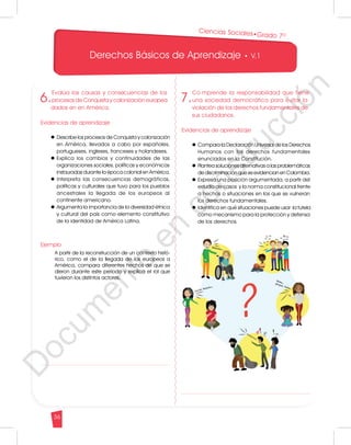 Derechos Básicos de Aprendizaje • V.1
36
7.
Co mprende la responsabilidad que tiene
una sociedad democrática para evitar la
violación de los derechos fundamentales de
sus ciudadanos.
Evidencias de aprendizaje
l Compara la Declaración Universal de los Derechos
Humanos con los derechos fundamentales
enunciados en la Constitución.
l Plantea soluciones alternativas a las problemáticas
de discriminaciónque se evidencian en Colombia.
l Expresa una posición argumentada, a partir del
estudio de casos y la norma constitucional frente
a hechos o situaciones en los que se vulneran
los derechos fundamentales.
l Identifica en qué situaciones puede usar la tutela
como mecanismo para la protección y defensa
de los derechos.
Ciencias Sociales•Grado 7º
6.
Evalúa las causas y consecuencias de los
procesos de Conquista y colonización europea
dados en en América.
Evidencias de aprendizaje
l Describe los procesos de Conquista y colonización
en América, llevados a cabo por españoles,
portugueses, ingleses, franceses y holandeses.
l Explica los cambios y continuidades de las
organizaciones sociales, políticas y económicas
instauradas durante la época colonial en América.
l Interpreta las consecuencias demográficas,
políticas y culturales que tuvo para los pueblos
ancestrales la llegada de los europeos al
continente americano.
l Argumenta la importancia de la diversidad étnica
y cultural del país como elemento constitutivo
de la identidad de América Latina.
Ejemplo
A partir de la reconstrucción de un contexto histó-
rico, como el de la llegada de los europeos a
América, compara diferentes hechos de que se
dieron durante este período y explica el rol que
tuvieron los distintos actores.
D
o
c
u
m
e
n
t
o
e
n
c
o
n
s
t
r
u
c
c
i
ó
n
 