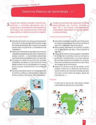12
1
1
1
0
9
8
7
5
4
3
2
1
0
3
3
0
3
0
0
270
2
4
0
210
180
150
1
2
0
90
6
0
3
0 N
O
S
E
1
0
9
8
7
6
5
4
3
2
3
0
0
270
2
4
0
210
180
150
1
2
0
90
6
0
O
S
E
12
1
1
1
0
9
8
7
6
5
4
3
2
1
0
3
3
0
3
0
0
270
2
4
0
210
180
150
1
2
0
90
6
0
3
0 N
O
S
E
12
6
5
4
3
2
1
0
3
0
210
180
150
1
2
0
90
6
0
3
0 N
S
E
Derechos Básicos de Aprendizaje • V.1
39
Ciencias Sociales • Grado 8º
4.
Analiza los procesos de expansión territorial
desarrollados por Europa durante el
siglo XIX y las nuevas manifestaciones
imperialistas observadas en las sociedades
contemporáneas.
Evidencias de aprendizaje
l Describe la expansión y distribución territorial de
los imperios europeos en Asia y África durante el
siglo XIX e interpreta mapas temáticos.
l Relaciona el crecimiento económico Europeo
con la explotación de Asia y África durante el
siglo XIX.
l Compara la influencia de los países colonialistas
en el siglo XIX en ámbitos como el comercio y
la industria manufacturera, con la que ejercen
las actuales potencias mundiales en el sector
financiero, las telecomunicaciones, y las nuevas
tecnologías de la información.
l Explica la influencia actual de países como
Estados Unidos en la dinámica económica,
social y política de Colombia (Tratado del Libre
Comercio, lucha contra las drogas, éxodo de
colombianos,....).
Ejemplo
A partir de la lectura de caricaturas, analiza
características del proceso imperialista.
3.
Analiza los cambios sociales, económicos,
políticos y culturales generados por el
surgimiento y consolidación del capitalismo
en Europa y las razones por las cuales este
sigue siendo un sistema económico vigente.
Evidencias de aprendizaje
l Describe las transformaciones que se produjeron
en Europa a finales del siglo XVIII y durante el siglo
XIX a partir del desarrollo del comercio y la industria
dando paso al surgimiento y consolidación del
capitalismo.
l Explica las características del sistema económico
capitalista (propiedad privada, libre competencia,
capital, consumo,....) y las ventajas o desventajas
que trae para las sociedades que lo han asumido.
l Compara los sistemas económicos actuales
(capitalista, socialista y el de economía mixta)
desde ámbitos como: la propiedad, el consumo
de los recursos, la planificación y el control del
Estado.
l Reconoce las diferencias en el nivel de desarrollo
económico, político y cultural entre los países de
América Latina y de Europa, en la actualidad.
D
o
c
u
m
e
n
t
o
e
n
c
o
n
s
t
r
u
c
c
i
ó
n
 