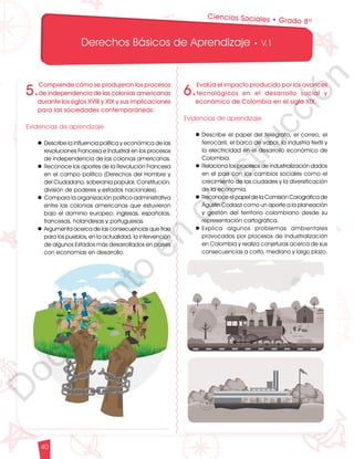 12
1
1
1
0
9
8
7
0
3
3
0
3
0
0
270
2
4
0
210
180
N
O
S
1
0
9
8
7
6
5
4
3
2
3
0
0
270
2
4
0
210
180
150
1
2
0
90
6
0
O
S
E
12
1
1
1
0
9
8
7
6
5
4
3
2
1
0
3
3
0
3
0
0
270
2
4
0
210
180
150
1
2
0
90
6
0
3
0 N
O
S
E
12
1
1
1
0
9
8
7
6
5
4
3
2
1
0
3
3
0
3
0
0
270
2
4
0
210
180
150
1
2
0
90
6
0
3
0 N
O
S
E
Derechos Básicos de Aprendizaje • V.1
40
6.
Evalúa el impacto producido por los avances
tecnológicos en el desarrollo social y
económico de Colombia en el siglo XIX.
Evidencias de aprendizaje
l	Describe el papel del telégrafo, el correo, el
ferrocarril, el barco de vapor, la industria textil y
la electricidad en el desarrollo económico de
Colombia.
l	Relaciona los procesos de industrialización dados
en el país con los cambios sociales como el
crecimiento de las ciudades y la diversificación
de la economía.
l	Reconoce el papel de la Comisión Corográfica de
Agustín Codazzi como un aporte a la planeación
y gestión del territorio colombiano desde su
representación cartográfica.
l	
Explica algunos problemas ambientales
provocados por procesos de industrialización
en Colombia y realiza conjeturas acerca de sus
consecuencias a corto, mediano y largo plazo.
5.
Comprende cómo se produjeron los procesos
de independencia de las colonias americanas
durante los siglos XVIII y XIX y sus implicaciones
para las sociedades contemporáneas.
Evidencias de aprendizaje
l	Describe la influencia política y económica de las
revoluciones Francesa e Industrial en los procesos
de independencia de las colonias americanas.
l	Reconoce los aportes de la Revolución Francesa
en el campo político (Derechos del Hombre y
del Ciudadano, soberanía popular, Constitución,
división de poderes y estados nacionales).
l	Compara la organización político-administrativa
entre las colonias americanas que estuvieron
bajo el dominio europeo: inglesas, españolas,
francesas, holandesas y portuguesas.
l	Argumenta acerca de las consecuencias que trae
para los pueblos, en la actualidad, la intervención
de algunos Estados más desarrollados en países
con economías en desarrollo.
Ciencias Sociales • Grado 8º
D
o
c
u
m
e
n
t
o
e
n
c
o
n
s
t
r
u
c
c
i
ó
n
 